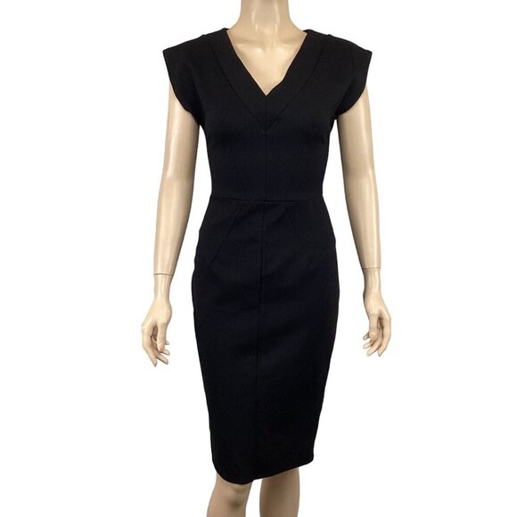 Closet London Black V-Neck Fitted Dress Size 4 Form‎ Fitting Fully Lined - Picture 1 of 11